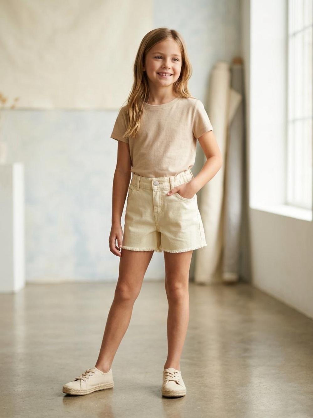 Girls' Cream Denim Frayed Hem Shorts